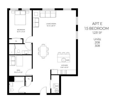 Floor plan for 1 bed, 1 bath, 1231 sqft